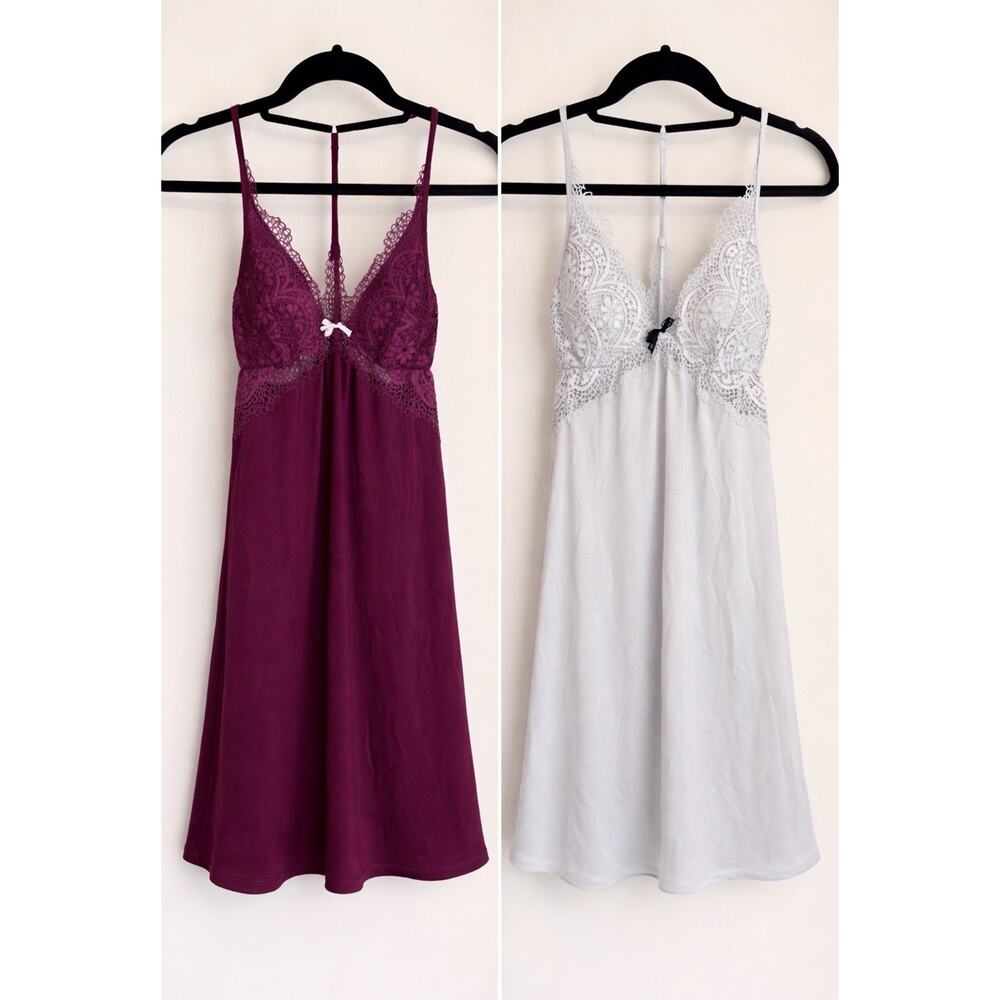 Victoria's Secret XS Purple/Gray Lace Trim Chemise V-Neck Bow Adjustable Straps